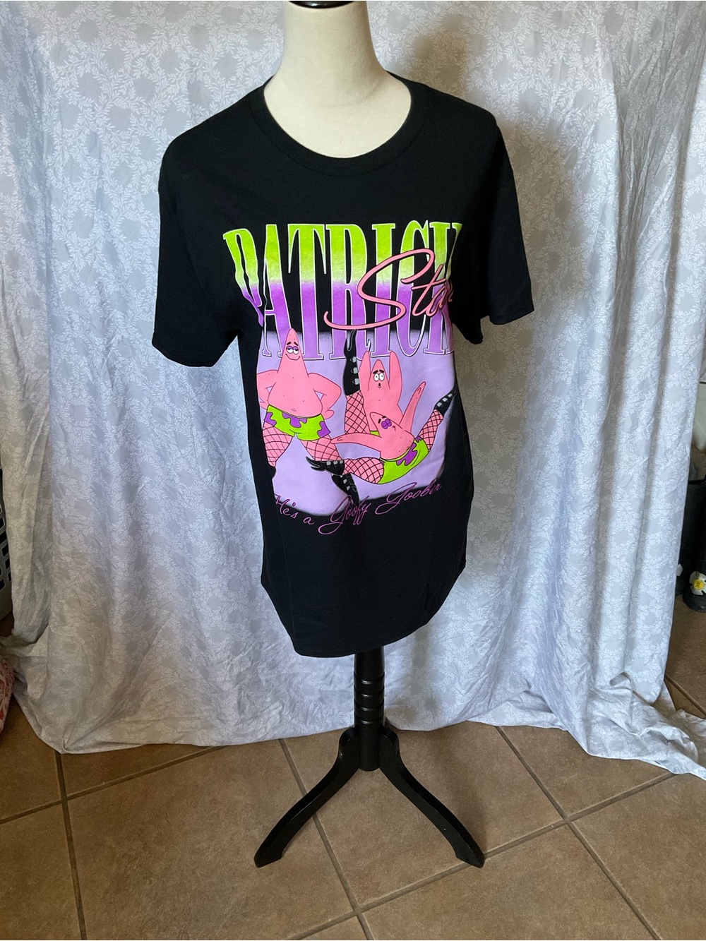 Hybrid Apparel Black Tee with Neon Pink & Neon Green Patrick Graphic